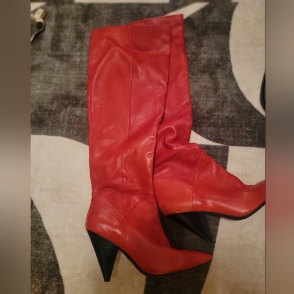 Red Leather Slouch Knee-High Calf  Boots Size 9.5 - Picture 1 of 5